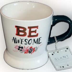 BE AWESOME 16oz ceramic coffee mug w/gold lettering & flower artwork-NWT